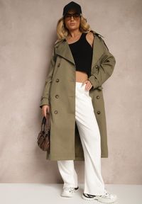 Renee - Zielony Oversizowy Płaszcz Trencz o Dwurzędowym Kroju z Paskiem Darinella. Okazja: na co dzień. Kolor: zielony. Materiał: jeans. Styl: casual, elegancki