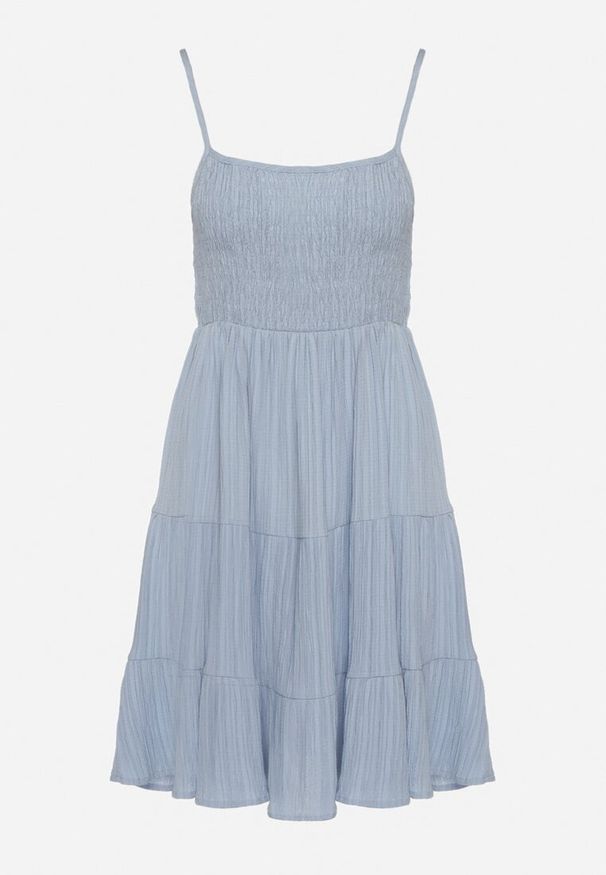 Born2be - Niebieska Rozkloszowana Sukienka na Ramiączkach z Gumkami w Talii Ageridia. Kolor: niebieski. Długość rękawa: na ramiączkach. Styl: elegancki