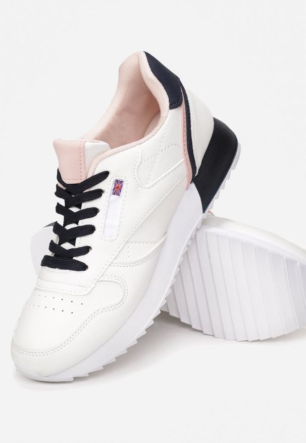 Renee - Biało-Granatowe Sneakersy Corarephis. Wysokość cholewki: przed kostkę. Nosek buta: okrągły. Kolor: biały. Szerokość cholewki: normalna. Wzór: aplikacja