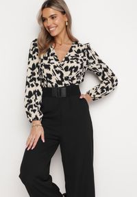 Born2be - Beżowo-Czarny Kombinezon z Kopertowym Dekoltem i Gumką w Pasie Dodatkowo Pasek Junnina. Kolor: czarny, beżowy #3