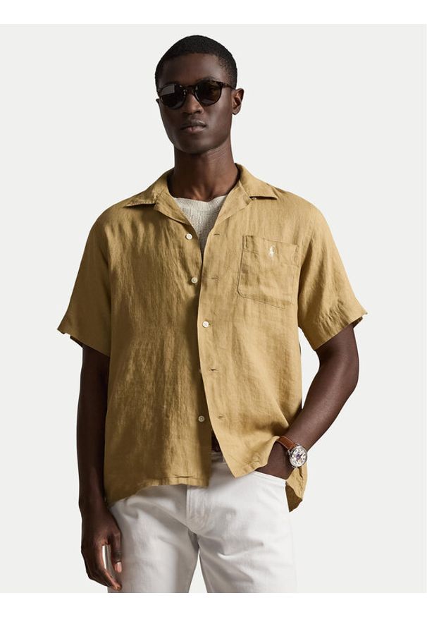 Polo Ralph Lauren Koszula 710966421502 Beżowy ciemny Regular Fit. Typ kołnierza: polo. Kolor: beżowy. Materiał: len