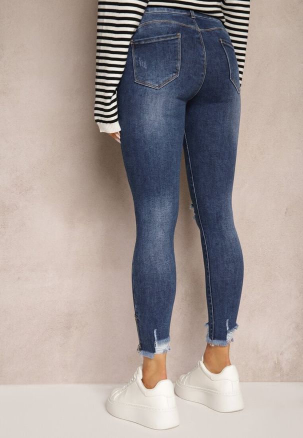 Renee - Niebieskie Jeansy Skinny z Bawełny High Waist z Przetarciami Erilisa. Okazja: na co dzień. Stan: podwyższony. Kolor: niebieski. Styl: klasyczny, elegancki, casual
