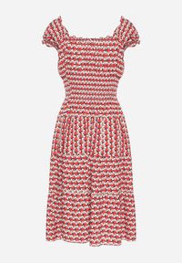 Born2be - Czerwona Sukienka z Bawełny Ozdobiona Guzikami i Bufiastymi Rękawami Ronaria. Okazja: na co dzień. Kolor: czerwony. Materiał: bawełna. Wzór: aplikacja. Sezon: wiosna, lato. Typ sukienki: sportowe. Styl: casual, sportowy, klasyczny #2