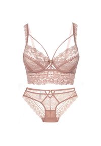 Intica - Komplet bielizny push-up z koronką i podtrzymaniem biustu Hildagarde. Kolor: różowy. Materiał: koronka. Wzór: koronka