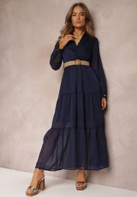 Renee - Granatowa Sukienka z Kopertowym Dekoltem i Plecionym Paskiem Velo. Kolor: niebieski. Materiał: tkanina. Typ sukienki: kopertowe #3