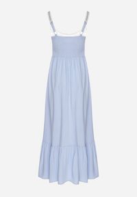 Born2be - Niebieska Sukienka Rozkloszowana na Ramiączkach z Wiskozy Ozdobiona Haftami Efradea. Okazja: na co dzień. Kolor: niebieski. Materiał: wiskoza. Długość rękawa: na ramiączkach. Wzór: aplikacja, haft. Styl: casual, klasyczny #2