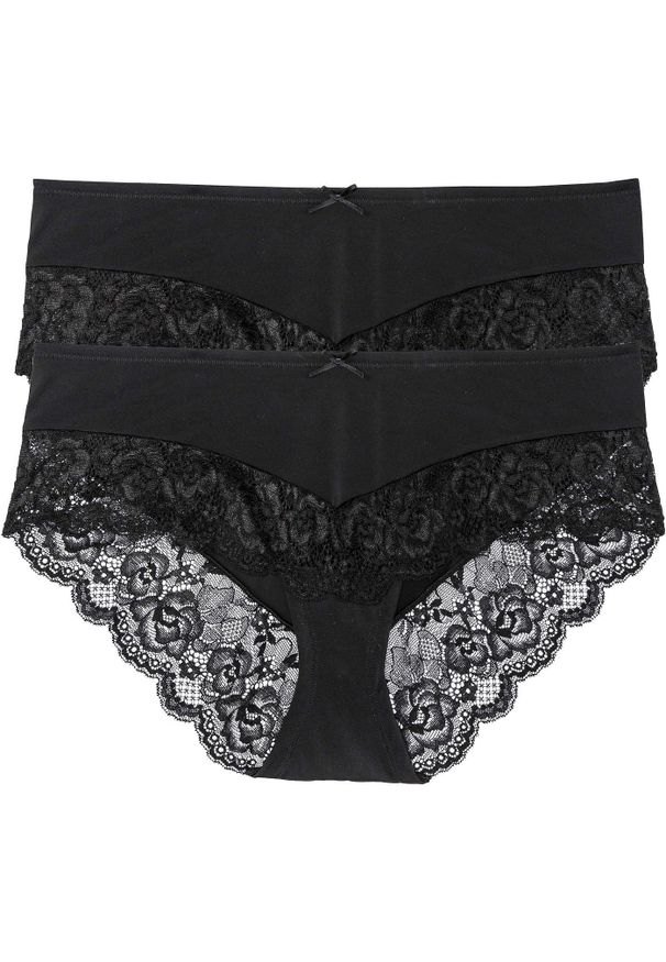 bonprix - Figi panty (2 pary). Kolor: czarny. Materiał: poliamid, koronka. Wzór: gładki, koronka