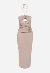 Renee - Ciemnobeżowa Sukienka Midi z Wiązaniem i Wycięciem Ozdobiona Kwiatami Zanephone. Kolor: beżowy. Materiał: wiskoza. Wzór: kwiaty, aplikacja. Styl: elegancki. Długość: midi #3