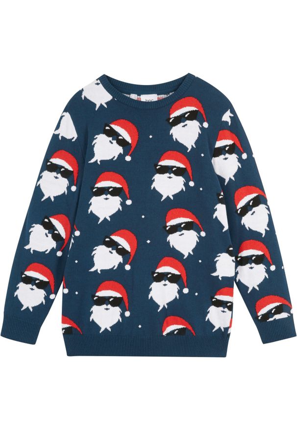 bonprix - Sweter chłopięcy z bożonarodzeniowym motywem. Kolor: niebieski. Wzór: aplikacja