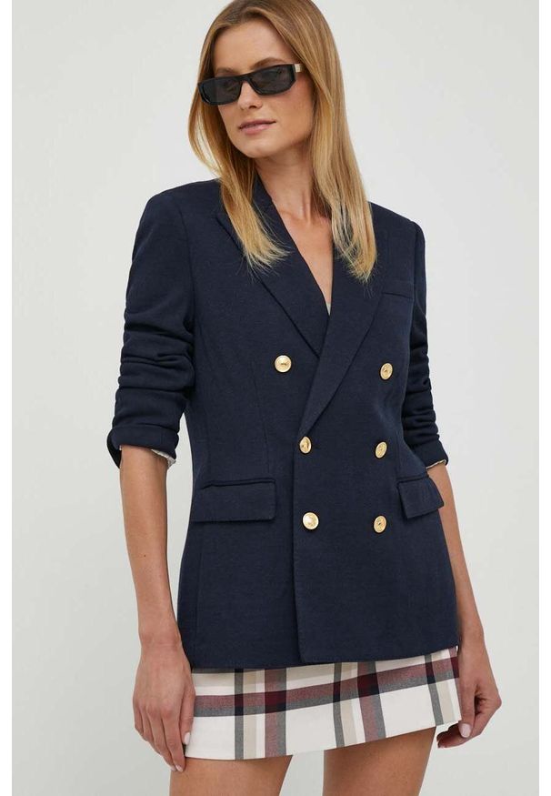 Polo Ralph Lauren marynarka z domieszką wełny kolor granatowy dwurzędowa gładka. Typ kołnierza: polo. Kolor: niebieski. Materiał: wełna. Wzór: gładki