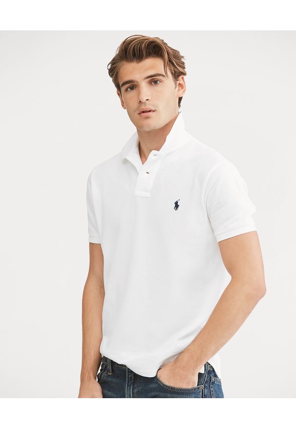 Ralph Lauren - RALPH LAUREN - Biała koszulka polo Custom Slim Fit. Typ kołnierza: polo. Kolor: biały. Materiał: bawełna. Wzór: haft