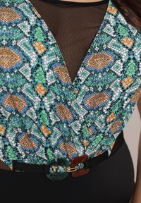 Born2be - Czarno-Zielony Kopertowy Strój Kąpielowy Jednoczęściowy z Siateczką i Paskiem Raera. Kolor: czarny. Materiał: len #2