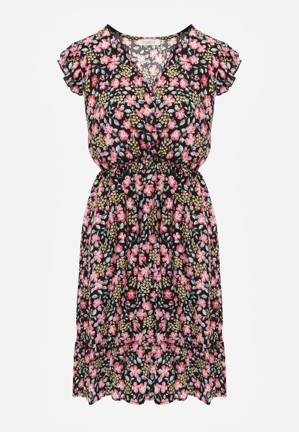 Renee - Czarna Sukienka Rozkloszowana w Kwiaty z Wiskozy Selesima. Kolor: czarny. Materiał: wiskoza. Wzór: kwiaty