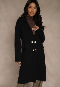 Renee - Czarny Płaszcz Dwurzędowy o Długim Kroju w Eleganckim Stylu Saratusa. Okazja: do pracy. Kolor: czarny. Materiał: jeans. Długość: długie. Styl: elegancki #4