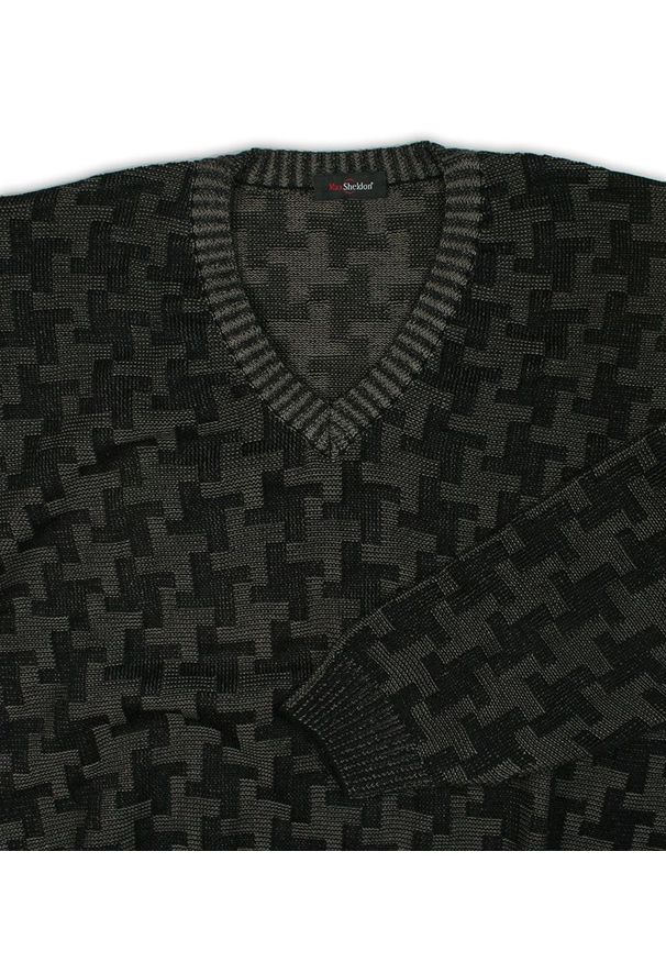 Max Sheldon - Sweter Czarny w Serek, Wzór Geometryczny, Dekolt V-neck, Elegancki -MAX SHELDON- Męski. Typ kołnierza: dekolt w serek. Kolor: czarny. Materiał: bawełna, akryl. Wzór: geometria. Sezon: zima, jesień. Styl: elegancki