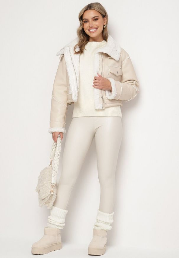 Born2be - Białe Legginsy z Ekoskóry z Wysokim Stanem i Wsuwanymi Kieszeniami Rievalia. Stan: podwyższony. Kolor: biały. Materiał: skóra. Sezon: zima