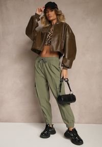 Renee - Ciemnozielone Spodnie Cargo z Bawełną High Waist Kolanielis. Stan: podwyższony. Kolor: zielony. Materiał: bawełna