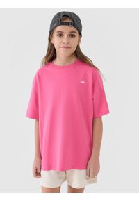 4f - T-shirt oversize gładki dziewczęcy - różowy. Okazja: na co dzień. Kolor: różowy. Materiał: bawełna, jersey, dzianina. Wzór: gładki. Styl: sportowy, casual, klasyczny