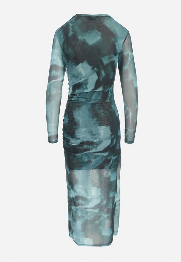 Born2be - Zielona Siateczkowa Sukienka Maxi z Marszczeniem i Rozcięciem Valpuri. Kolor: zielony. Materiał: tkanina. Wzór: aplikacja. Styl: elegancki. Długość: maxi