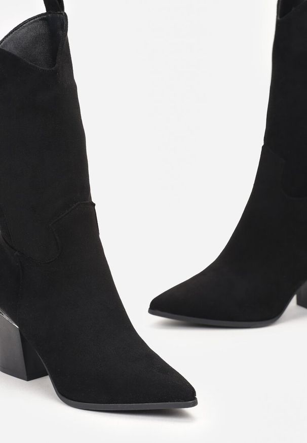 Renee - Czarne Botki w Stylu Kowbojek na Obcasie z Długą Cholewką Mabilla. Nosek buta: szpiczasty. Zapięcie: zamek. Kolor: czarny. Materiał: materiał. Szerokość cholewki: normalna. Sezon: zima. Obcas: na obcasie. Wysokość obcasa: średni