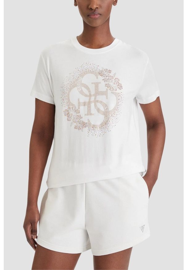 Guess - GUESS Biały damski t-shirt na krótki rękaw z cyrkoniami Corinne, Rozmiar XS. Okazja: na co dzień. Kolor: biały. Długość rękawa: krótki rękaw. Długość: krótkie. Styl: elegancki, casual