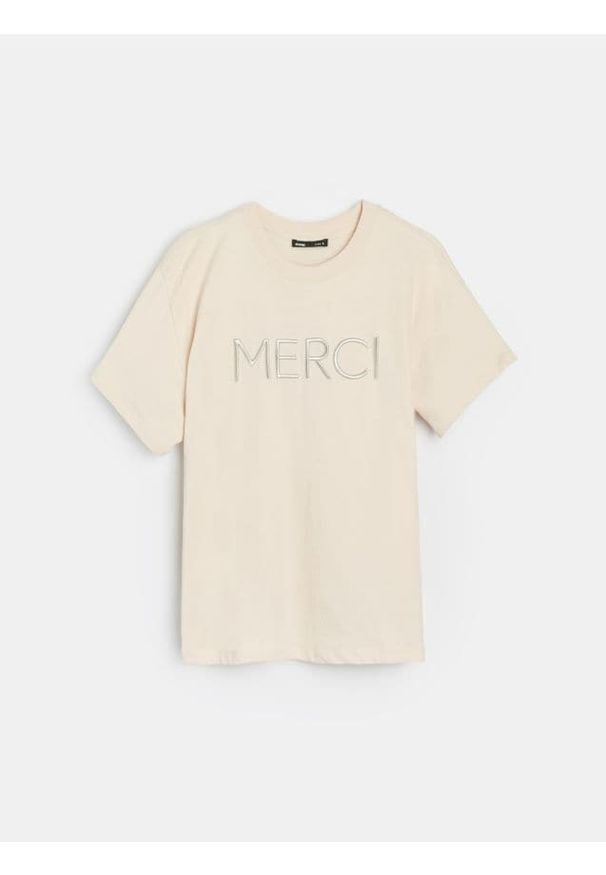 Sinsay - Koszulka z haftowanym napisem - kremowy. Kolor: kremowy. Wzór: napisy, haft