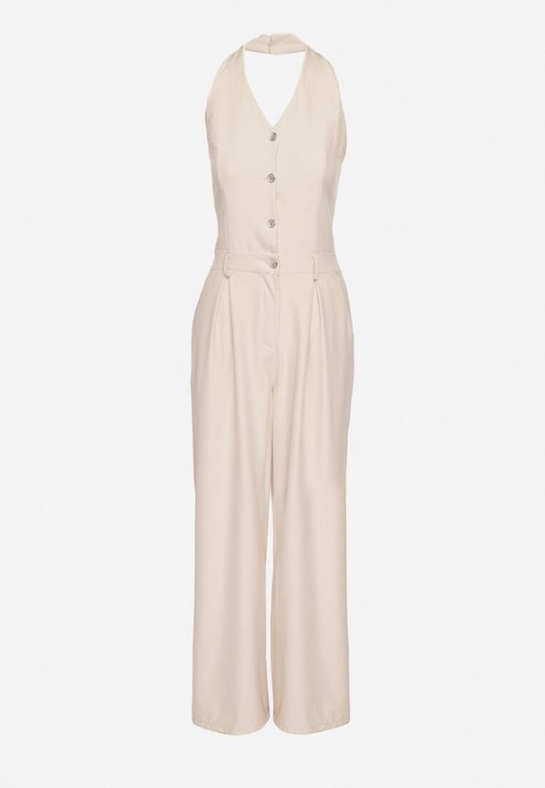 Born2be - Beżowy Kombinezon na Szyję Ozdobiony Guzikami Ellidell. Okazja: na imprezę, na co dzień. Kolor: beżowy. Długość: długie. Wzór: aplikacja. Styl: casual, klasyczny