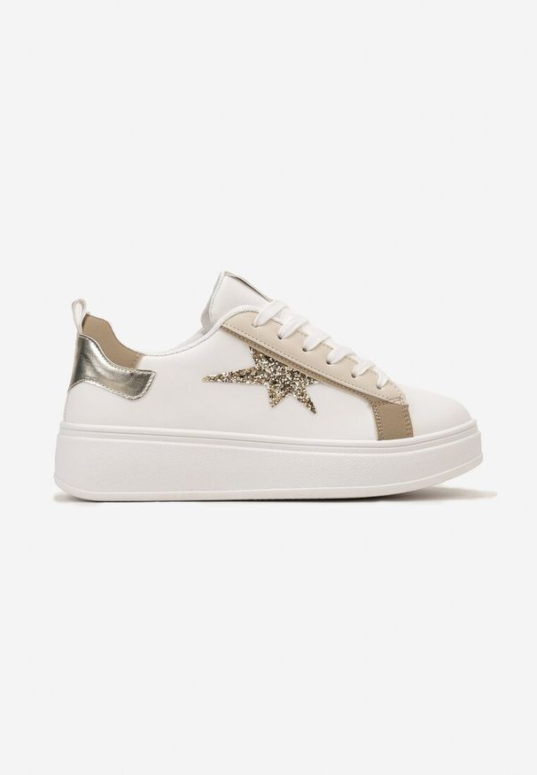 Born2be - Biało-Beżowe Sneakersy na Platformie z Brokatową Gwiazdką Rasiala. Nosek buta: okrągły. Zapięcie: sznurówki. Kolor: biały. Materiał: materiał. Obcas: na platformie. Wysokość obcasa: niski