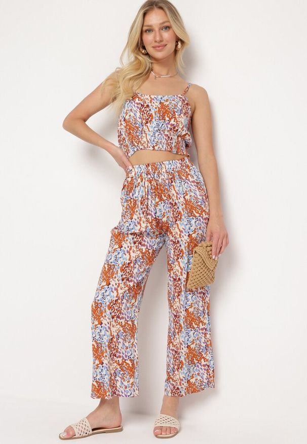 Born2be - Pomarańczowo-Niebieski Wiskozowy Komplet Top na Ramiączkach Spodnie z Szeroką Nogawką i Gumką w Talii Dimyasha. Kolor: pomarańczowy. Materiał: wiskoza