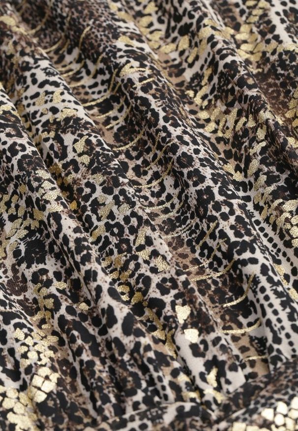 Renee - Brązowa Koktajlowa Panterkowa Sukienka z Gumkami w Pasie Ozdobiona Falbankami Quinthelia. Okazja: na co dzień. Typ kołnierza: kołnierz z falbankami. Kolor: brązowy. Wzór: aplikacja. Typ sukienki: proste. Styl: wizytowy