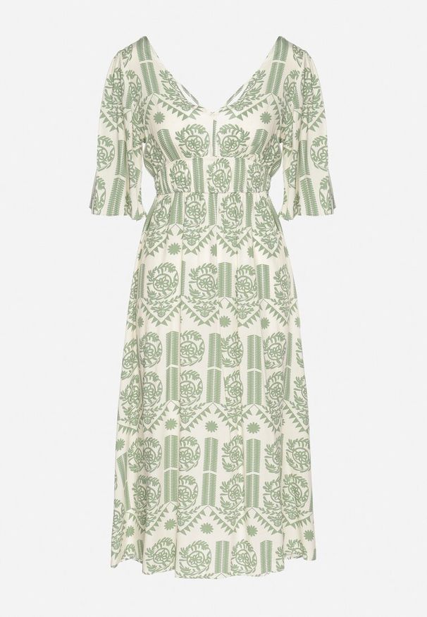 Born2be - Zielono-Kremowa Sukienka Wiskozowa Rozkloszowana z Odkrytymi Plecami w Print Boho Turaisa. Okazja: na co dzień. Typ kołnierza: dekolt w kształcie V. Kolor: zielony. Materiał: wiskoza. Długość rękawa: długi rękaw. Wzór: nadruk. Typ sukienki: proste, rozkloszowane. Styl: boho