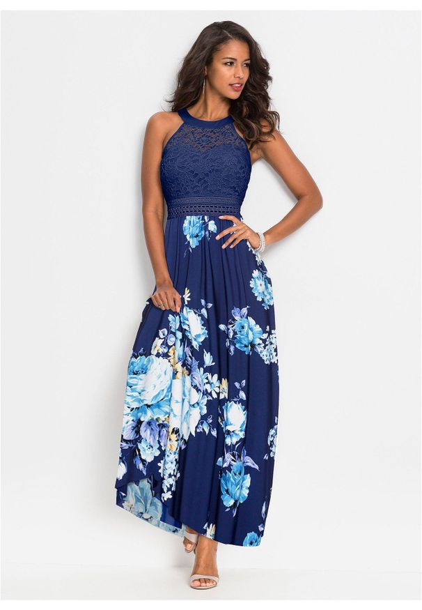 bonprix - Sukienka z dżerseju. Kolor: niebieski. Materiał: jersey, koronka. Wzór: nadruk, aplikacja, kwiaty, koronka. Sezon: lato