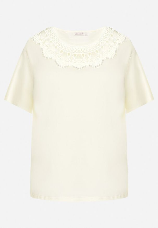 Born2be - Żółty T-shirt Oversize z Ozdobną Koronką i Perłami Elanoriel. Okazja: na co dzień. Kolor: żółty. Materiał: koronka. Wzór: koronka. Styl: klasyczny, casual