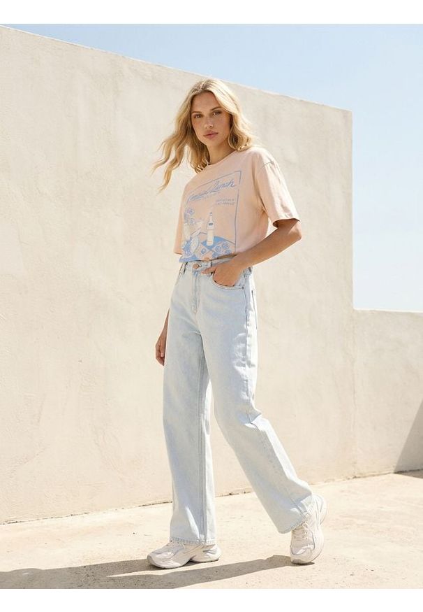 Sinsay - Jeansy wide leg z efektem sprania - niebieski. Kolor: niebieski