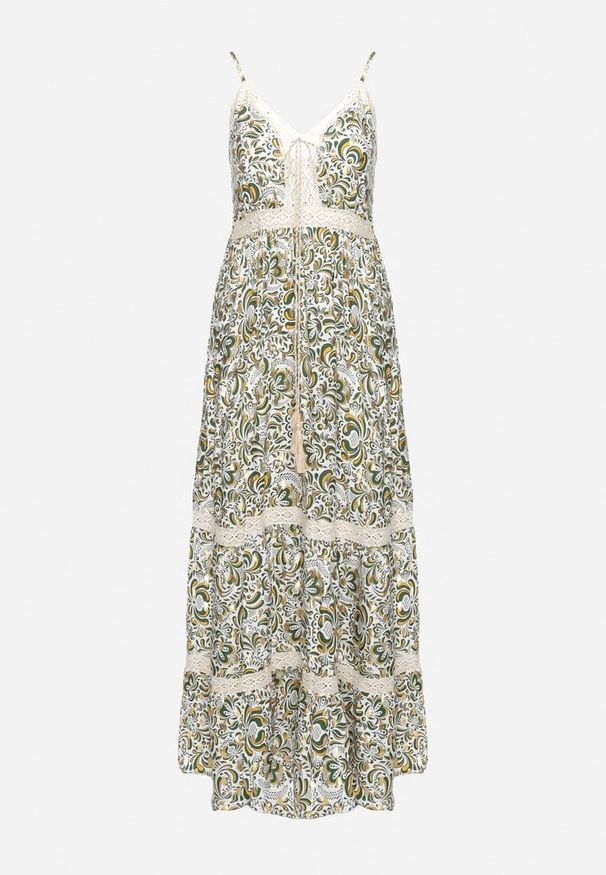 Born2be - Zielono-Beżowa Rozkloszowana Sukienka z Bawełny na Cienkich Ramiączkach z Gumką w Pasie i Haftem Xuretta. Okazja: na spacer, na imprezę. Typ kołnierza: dekolt w kształcie V. Kolor: zielony. Materiał: bawełna. Długość rękawa: na ramiączkach. Wzór: haft. Sezon: lato. Styl: boho