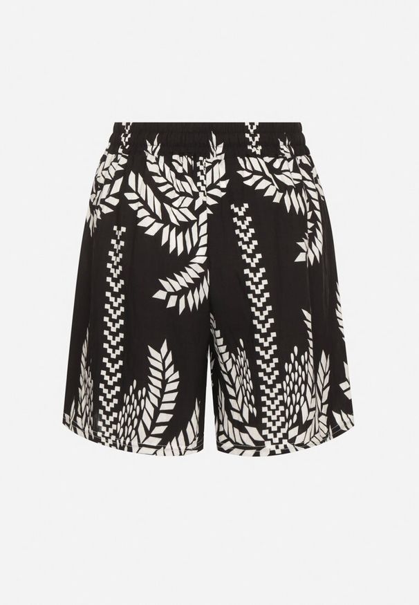 Born2be - Czarne Szorty z Wiskozy z Gumką w Talii Zdobione Roślinnym Wzorem Savairene. Okazja: na co dzień. Kolor: czarny. Materiał: wiskoza. Wzór: aplikacja. Sezon: wiosna, lato. Styl: elegancki, casual