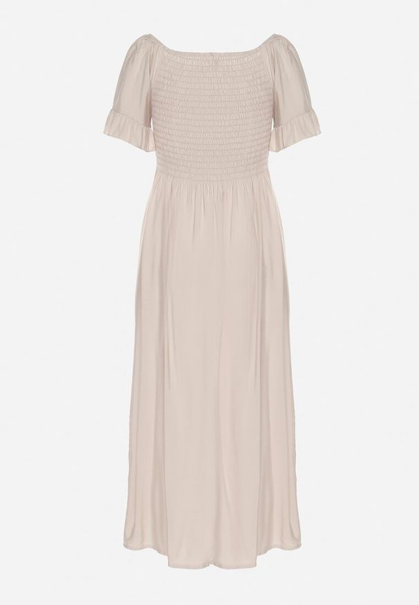 Born2be - Jasnobeżowa Bawełniana Sukienka o Kroju Hiszpanki z Elastyczną Górą Niloviria. Okazja: na co dzień. Typ kołnierza: dekolt hiszpanka. Kolor: beżowy. Materiał: bawełna. Długość rękawa: krótki rękaw. Styl: klasyczny, casual