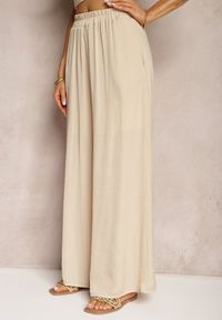 Renee - Beżowe Wiskozowe Spodnie Szerokie High Waist Rissalene. Okazja: na spotkanie biznesowe, do pracy. Stan: podwyższony. Kolor: beżowy. Materiał: wiskoza. Styl: biznesowy, elegancki #4
