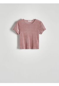 Reserved - Meshowa bluzka z szalem - różowy. Kolor: różowy. Materiał: welur, dzianina
