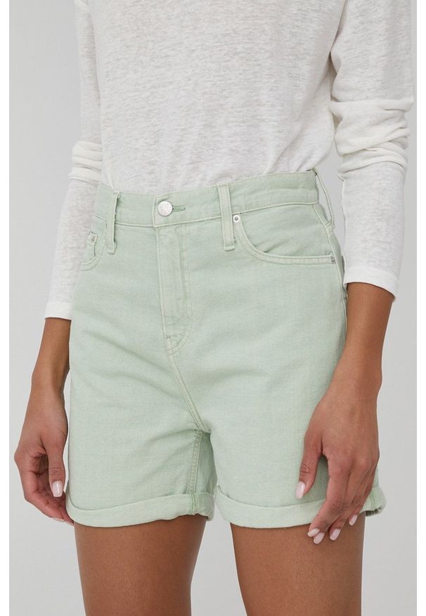Calvin Klein Jeans szorty bawełniane J20J218502.PPYY damskie gładkie high waist. Okazja: na co dzień. Stan: podwyższony. Kolor: zielony. Materiał: bawełna. Wzór: gładki. Styl: casual