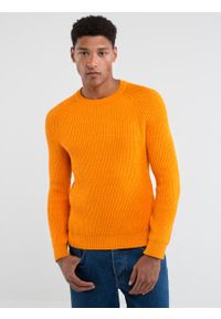 Big-Star - Sweter męski klasyczny pomaraŅczowy Olson 701. Kolor: pomarańczowy. Materiał: skóra, bawełna. Wzór: prążki, ze splotem, aplikacja. Styl: klasyczny #3