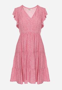 Renee - Różowa Sukienka Phaerica. Typ kołnierza: kokarda. Kolor: różowy. Materiał: wiskoza, materiał, jeans. Wzór: nadruk, kwiaty. Długość: mini #5
