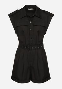 Born2be - Czarny Kombinezon bez Rękawów Zapinany na Guziki z Materiałowym Paskiem Tiamarlia. Okazja: na co dzień. Kolor: czarny. Materiał: materiał. Długość rękawa: bez rękawów. Styl: klasyczny, casual #3