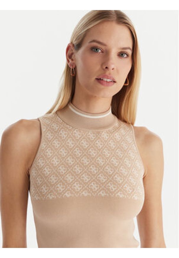 Guess Sweter W3YR26 Z37K0 Beżowy Slim Fit. Kolor: beżowy. Materiał: wiskoza