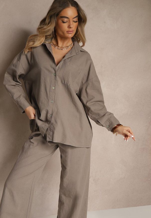 Renee - Ciemnobeżowy Komplet z Lnem Koszula i Spodnie o Szerokim Kroju Renavine. Kolor: beżowy. Materiał: len