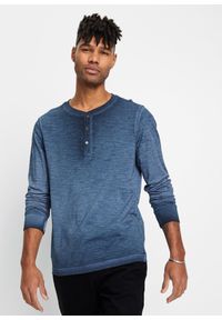 bonprix - Bluzka z dekoltem henley z bawełny organicznej, z efektem wytarcia, długi rękaw. Typ kołnierza: typu henley. Kolor: niebieski. Materiał: bawełna. Długość rękawa: długi rękaw. Długość: długie #1