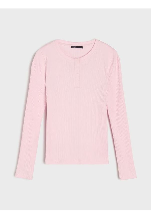 Sinsay - Bawełniana bluzka z prążkowanej dzianiny - różowy. Kolor: różowy. Materiał: prążkowany, bawełna, dzianina