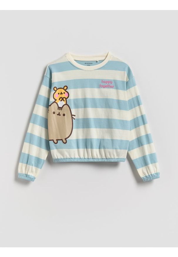 Reserved - Bluzka w paski Pusheen - jasnoniebieski. Kolor: niebieski. Materiał: bawełna. Długość rękawa: długi rękaw. Długość: długie. Wzór: paski