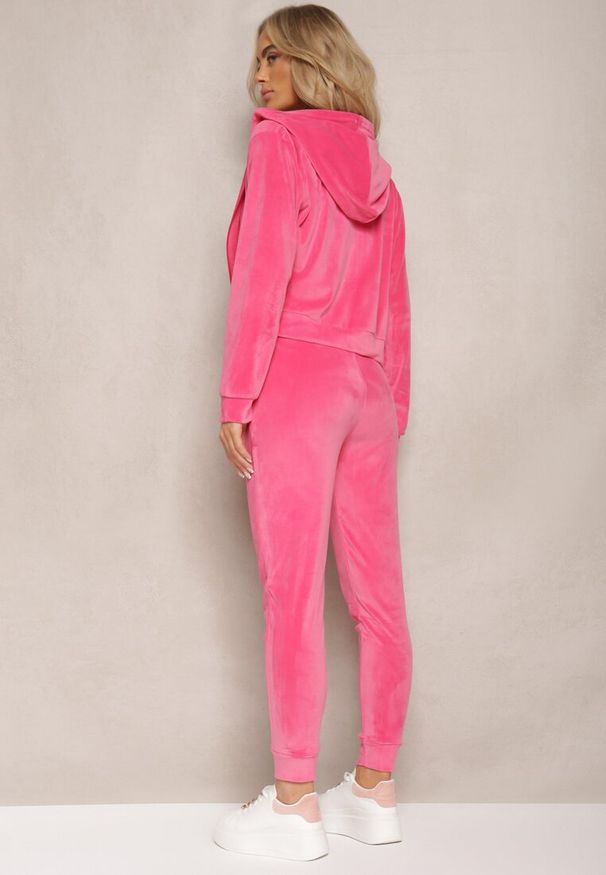 Renee - Fuksjowy Dresowy Komplet z Weluru Spodnie i Bluza z Kapturem na Suwak Styrena. Kolor: różowy. Materiał: welur, dresówka