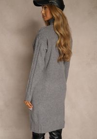Renee - Szara Sukienka Sweterkowa z Golfem Wełną Bawełną i Ozdobnym Splotem Reilenea. Okazja: na imprezę. Typ kołnierza: golf. Kolor: szary. Materiał: wełna, bawełna. Wzór: ze splotem. Styl: elegancki #4